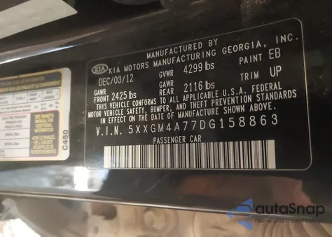 2013 Kia Optima Lx z USA, uszkodzony, nr VIN 5XXGM4A77DG158863